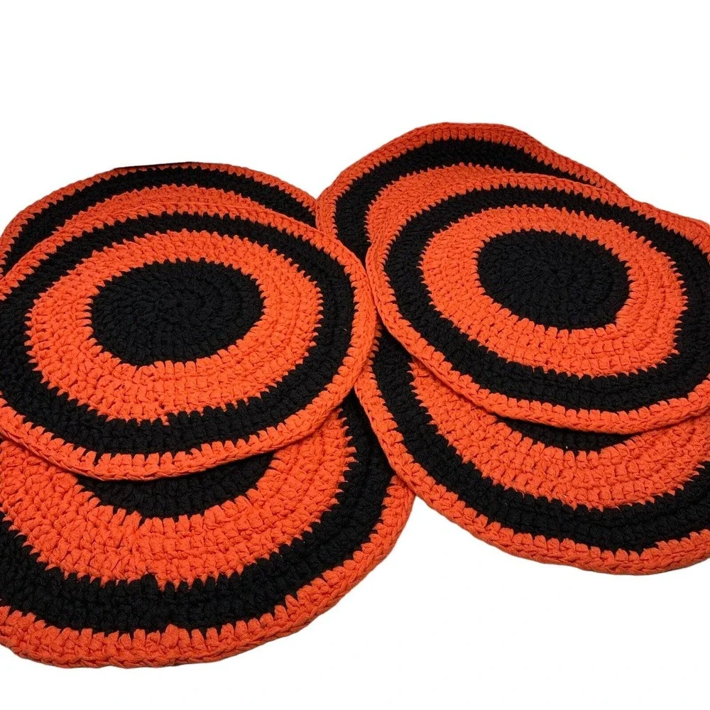 Handmade Round‎ Crochet Placemats Set of 6 Orange & Black 15.5”